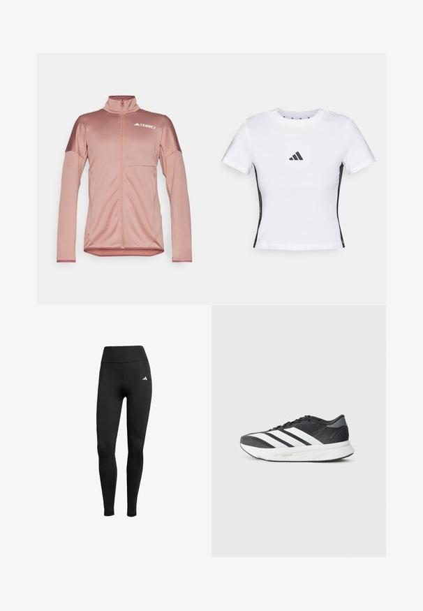 Gaiši rozā Terrex jakas ar augstu apkakli, pilnu rāvējslēdzēja aizdari un garām piedurknēm. Gluda tekstūra un nemanāmi kontrastējoši akcenti uz pleciem.; Balta īsām piedurknēm T-kreklā izgatavota no kokvilnas, ar melnu Adidas logo kvadrātveida uzlīmi un melniem sānu akcentiem. Klasisks apaļais kakla izgriezums.; Melni sporta legingi ar augstu jostas vietu. Izgatavoti no stiepjamām auduma šķiedrām, ar baltu logotipa detaļu augšējā kreisajā pusē.; Melnas sporta kurpes ar baltām strīpām, sieta augšdaļa, mīksta zole un elegants dizains. Pelēki akcenti uz papēža un mēles.