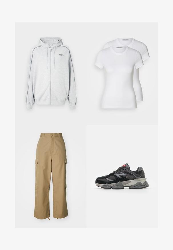 Lys grå hettejakke med glidelås og snor, svarte sømdetaljer på ermene, og liten "ROSIE" logo på venstre bryst.; To hvite bomulls t-skjorter med korte ermer, rund hals og en tettsittende silhuett, som viser en jevn tekstur og minimalistisk design.; Beige cargo bukser med høj talje, brede ben og fire store sidelommer. Fremstillet af slidstærkt stof med en glat tekstur og minimal detalje.; Svarte og grå joggesko med en blanding av semsket skinn og mesh-materialer, tykk såle, fremtredende logo, og rød detalj på tungen.