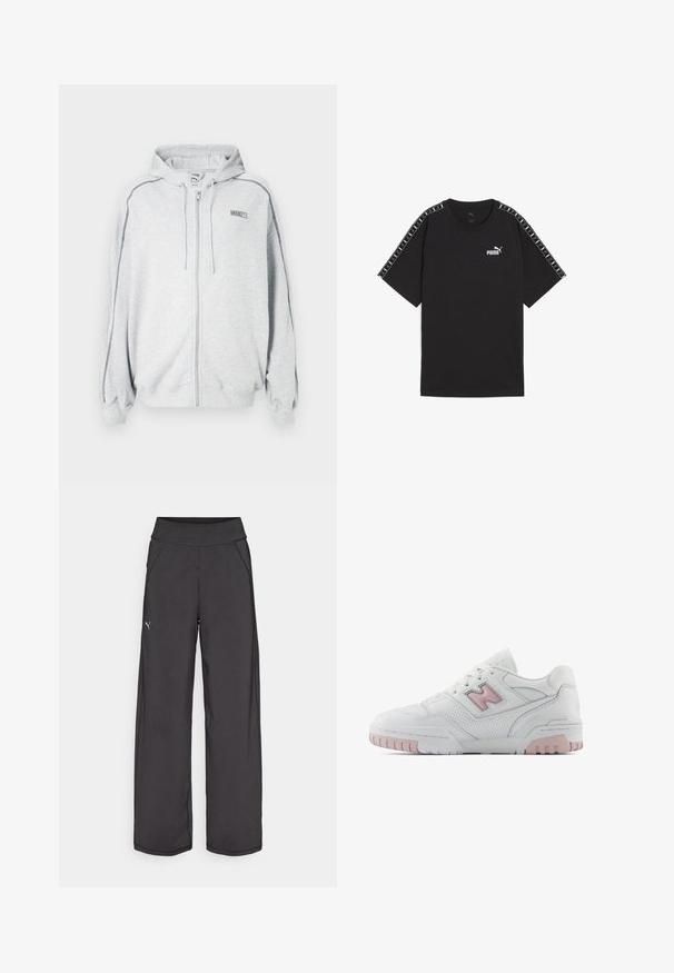 Felpa con zip grigia chiara con coulisse, dettagli delle cuciture neri sulle maniche e piccolo logo "ROSIE" sul lato sinistro del petto.; T-shirt nera a maniche corte realizzata in cotone. Presenta il logo bianco Puma sul petto e dettagli a fantasie sulle spalle. Vestibilità standard e collo tondo.; Pantaloni sportivi neri con una cintura ampia, tasche laterali e cuciture piatte. Presentano un piccolo logo sulla gamba sinistra. Realizzati in un tessuto morbido ed elastico.; Scarpa da ginnastica bianca con dettagli rosa. Presenta pelle liscia, sezioni perforate e una suola in gomma spessa. I lacci sono di stile standard.