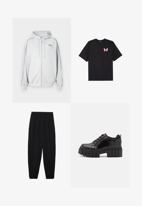 Világosszürke zipzáras kapucnis pulóver, zsinóros, fekete varrás részletekkel az ujjakon, és kis "ROSIE" logóval a bal mellen.; Fekete pamut póló rövid ujjakkal, bal mellkason egy kis rózsaszín pillangó grafikával. Kerek nyakú kialakítás, laza fazonnal.; Fekete, könnyű nadrág elasztikus derékkal és ráncolt bokákkal. Az anyag sima és laza, szűkített dizájnnal rendelkezik.; Fekete bőr platform cipők vaskos blokk sarkakkal, kerek orral és hagyományos fűzős kialakítással. Simára csiszolt felület és minimális részletezés jellemzi.
