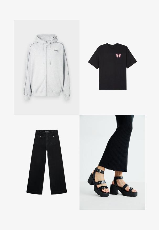 Světle šedá mikina na zip s kapucí a šňůrkami, černé švy na rukávech a malé logo "ROSIE" na levé hrudi.; Černé bavlněné tričko s krátkým rukávem, na levém prsou s malou grafikou růžové motýlky. Design s kruhovým výstřihem a volným střihem.; Černé široké džíny s vysokým pasem, obsahující dvě přední kapsy a kovové knoflíkové detaily. Látka má hladkou texturu.; Černé platformové sandály s robustními podrážkami a několika řemínky, s kovovými sponami a hladkým koženkovým povrchem.