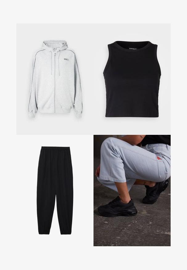 Svetlošedá zipsová mikina s kapucňou a sťahovacími šnúrkami, čierne švy na rukávoch a malá značka "ROSIE" na ľavej hrudi.; Čierny rebrovaný kratký top bez rukávov s okrúhlym výstrihom. Vyrobený z mäkkého, elastického materiálu, s hladkými lemovanými okrajmi.; Čierne, ľahké nohavice s elastickým pásom a zúženými nohavicami. Tkanina je hladká a má voľný, zúžený strih.; Čierne športové tenisky s textúrovaným zvrškom, hrubou podrážkou a vzduchovým tlmením. Kombinované so svetlomodrými skrátenými nohavicami v neformálnom postoji.