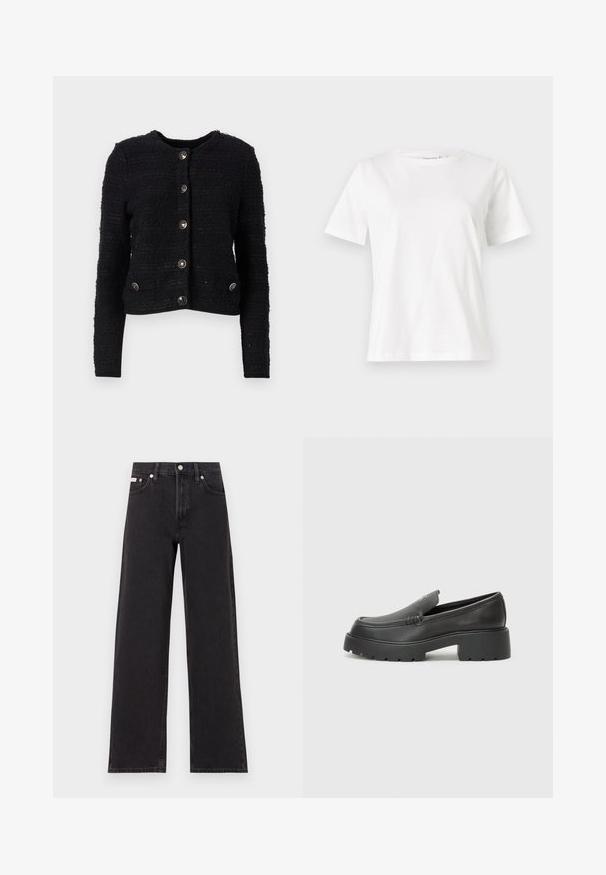 Black textured jacket with a round neckline, five buttons, and two front pockets. Features ribbed cuffs and a cropped design.; White cotton t-shirt with short sleeves, round neckline, and a relaxed fit. Smooth texture, no patterns or accents, minimalistic design.; Black wide-leg jeans made of denim, featuring a high-rise waist, five-pocket styling, and a metal button closure with contrasting stitching.; Black leather loafers with a rounded toe, thick textured sole, and minimal stitching details. Sleek design with no visible laces or hardware.
