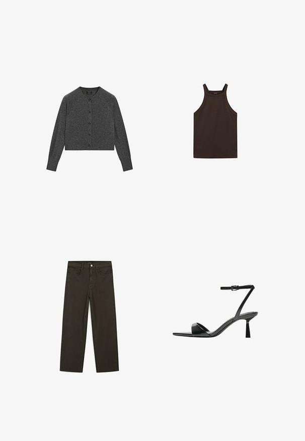 Grijze cropped cardigan van zachte stof, met een ronde halslijn, lange mouwen en bruin knopen langs de voorkant.; Massimo Dutti HALTER NECK - Top - dark brown; Donkergroene wijde jeans van een katoenmix, met een sluiting met een voorste knop, vijf zakken en klassieke denimstiksels.; Bershka Sandalen met hoge hak - black