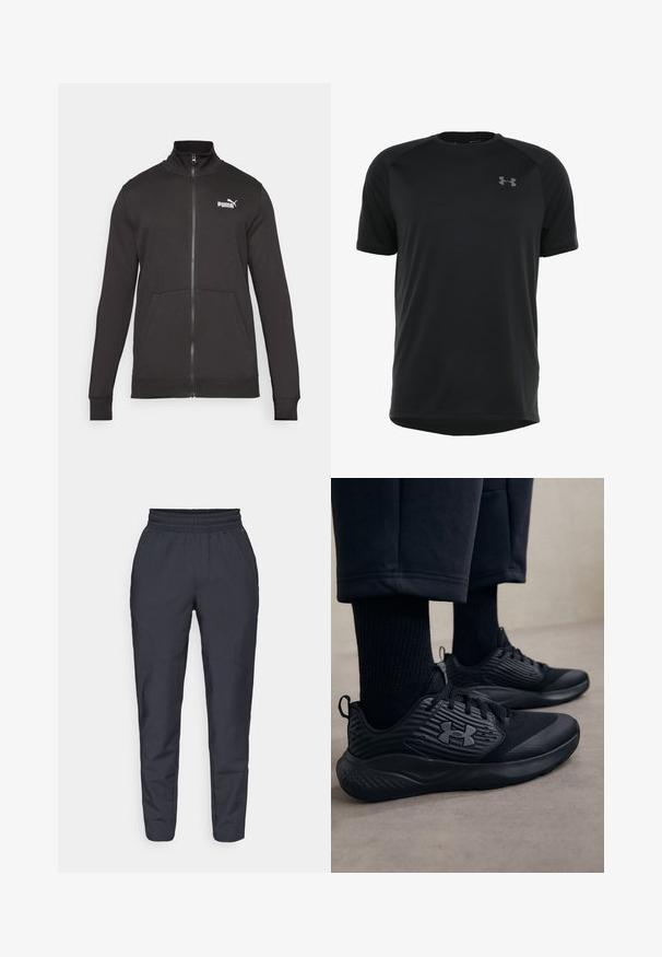 Černá tracková bunda na zip vyrobená z hladkého materiálu. Má stojáček, postranní kapsy a bílé logo Puma na levé straně hrudi.; Černé krátké sportovní tričko vyrobené z hladkého, lehkého materiálu. Má kulatý výstřih a diskétní logo na hrudi.; Námořnické zúžené kalhoty vyrobené z měkké tkaniny, s elastickým pasem, bočními kapsami a hladkou texturou s jemnými švy.; Osoba v černých sportovních teniskách s texturovanými stranami a logem, v kombinaci s černými ponožkami a zkrácenými kalhotami na světlé podlaze.