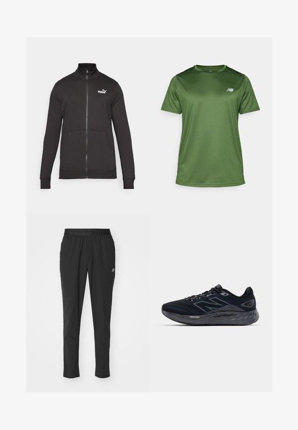Sort zip-up træningsjakke lavet af glat stof. Har stående krave, sidelommer og et hvidt Puma-logo på venstre bryst.; New Balance Sports T-shirts - dark alpine green; Sorte atletiske bukser lavet af letvægtsmateriale med en elastisk talje, tapered design og diskret logodetalje på siden.; Herresko til løb i sort netmateriale med en tyk grå sål, cirkulær tekstur og reflekterende detaljer. Har "New Balance" logo på siden.