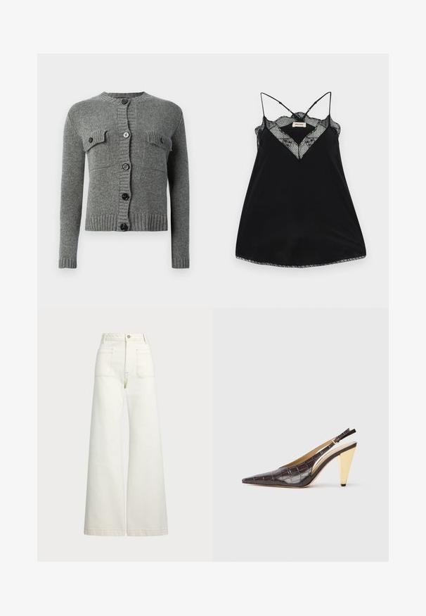 Szary dzianinowy kardigan z długimi rękawami, ściągaczami na rękawach i dole, zapięciem na guziki z przodu oraz dwoma zapinanymi na guziki kieszeniami na piersi.; Czarna koszulka na ramiączkach z regulowanymi sznurkami, z koronkowym dekoltem w kształcie litery V i falbaniastymi brzegami. Gładki materiał o lekkim połysku.; Spodnie dżinsowe o szerokich nogawkach w odcieniu off-white. Wysoki stan z zapięciem na guzik, dwiema kieszeniami z przodu i detalami z kontrastowym przeszyciem.; Sandały na obcasie z przeszyciem w ciemnym brązowym lakierowanym faux krokodyle. Posiadają złoty geometrzyczny obcas oraz regulowany pasek wokół kostki.