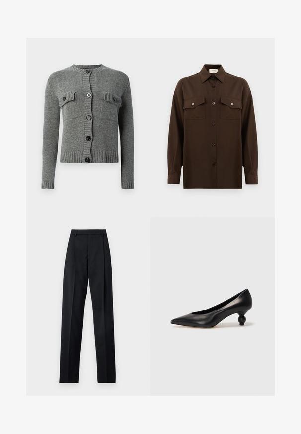 Pilkas megztas kardiganas su ilgomis rankovėmis, siaurėjančiomis rankogaliais ir apačia, priekyje su sagomis užsegamas uždarymas ir dvi krūtinės kišenės su sagutėmis.; Tamsiai rudas ilgarankovis mygtukų marškiniai su dviem kišenėmis ant krūtinės ir klasikiniais apykakle, pristatomas prieš paprastą baltą foną.; Juodos kelnės iš lygaus audinio, pasižyminčios aukštu liemeniu, plačiomis kojomis, priekinėmis klostėmis ir klasikiais diržo kilpomis. Šoninių kišenių nematyti.; Juoda odinė aukštakulnė bateliai su smailiu pirštu ir apvaliu, iškiliu kulnu. Lygus paviršius su elegantišku, minimalistiniu dizainu.