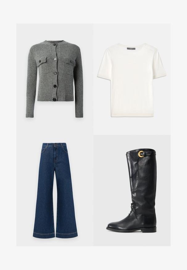 Cardigã cinzento de malha com mangas compridas, punhos e bainha canelados, fecho frontal com botões e dois bolsos de peito com botão.; Top de malha branco, de mangas curtas, com decote redondo, apresentando uma textura suave e discretos realces canelados nas mangas e na barra.; Jeans azul de perna larga com cintura alta, apresentando um fecho de botão, passantes para cinto e detalhes de costura discretos ao longo dos bolsos e das bainhas.; Bota de couro preta até ao joelho com bico arredondado, atacadores à frente, detalhe lateral e uma fivela dourada no topo. Textura suave.