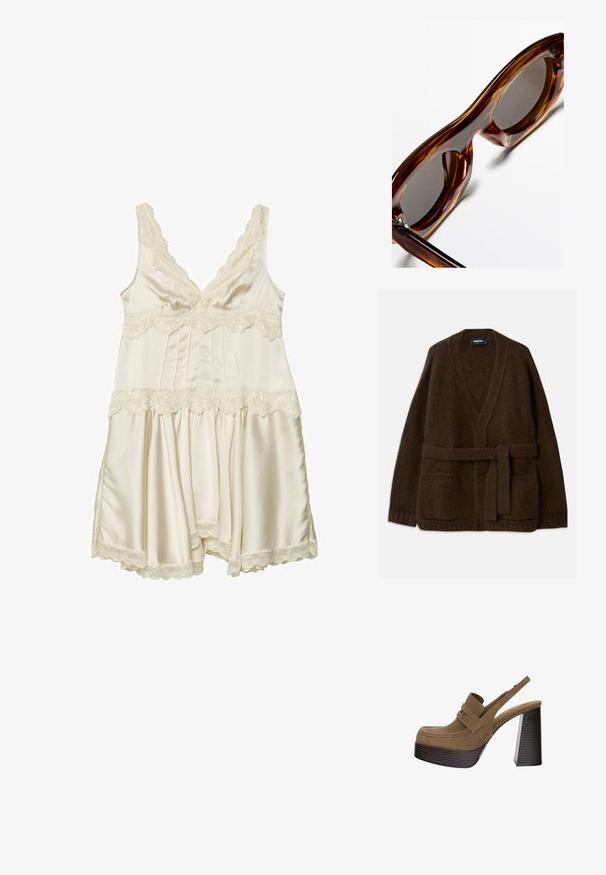 Brown knitted cardigan with a V-neck, long sleeves, two front pockets, and a matching belt at the waist. Textured, soft fabric.; Cream satin nightgown with lace trim, featuring a v-neck, adjustable straps, pleated bodice, and a flared skirt with scalloped edges.; Brown suede platform heels with a thick, ribbed block heel and a wide strap across the upper, featuring a rounded toe design.; Brown tortoiseshell sunglasses with rounded frames, dark lenses, and a glossy finish, showcasing thick, curvy arms and minimal hardware.; Brown suede tote bag interior featuring a black lining, snap button closure, and subtle branding embossed on the inside panel.
