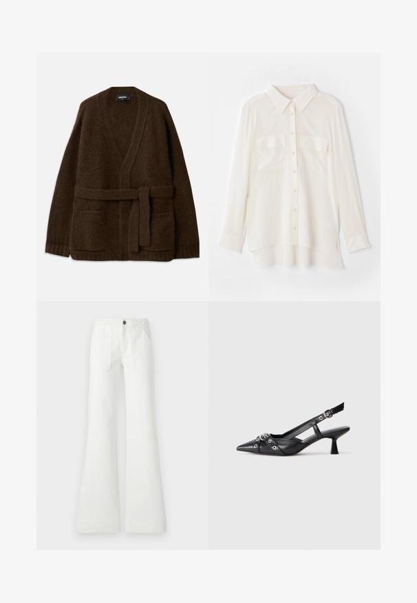 Cardigan tricotat maro cu decolteu în V, mâneci lungi, două buzunare frontale și o curea asortată la talie. Material moale, texturat.; Cămașă albă cu nasturi, confecționată dintr-un material ușor. Prezintă un guler clasic, două buzunare pe piept și o margine din spate puțin mai lungă.; Pantaloni albi evazați, confecționați dintr-un material țesut, cu un brâu împletit, două buzunare frontale și o textură netedă. Se închid cu un nasture negru.; Pantofii slingback din piele neagră, cu vârful ascuțit, curele decorative cu ochiuri din metal și toc bloc mic. Suprafață texturată.