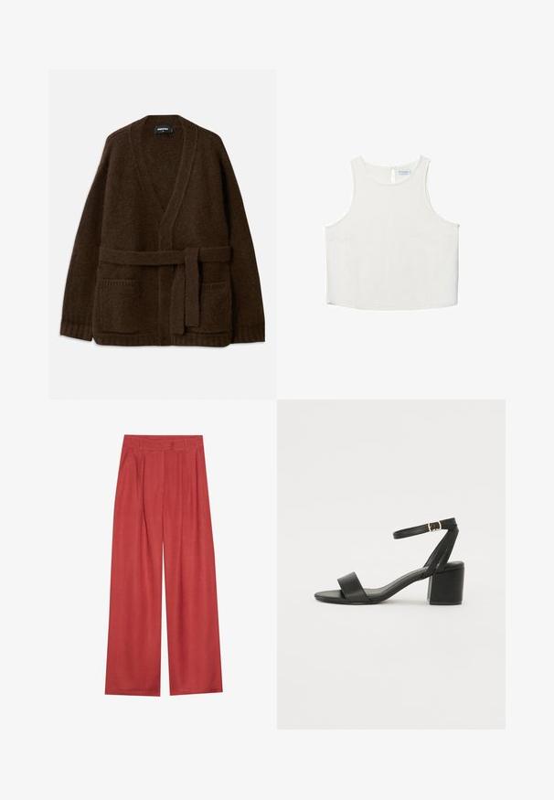 Cardigan en tricot marron avec un col en V, des manches longues, deux poches à l'avant et une ceinture assortie à la taille. Tissu texturé et doux.; Haut sans manches blanc avec un col rond, présentant une texture subtile, un détail en forme de trou de serrure au dos et un ourlet droit.; Pantalons à jambes larges dans une riche couleur terre cuite, en tissu texturé avec des plis sur le devant et une taille classique.; Sandale à talons noirs avec un dessus en cuir lisse, une ouverture à l'avant, de larges brides avant et une bride de cheville ajustable avec une boucle dorée.