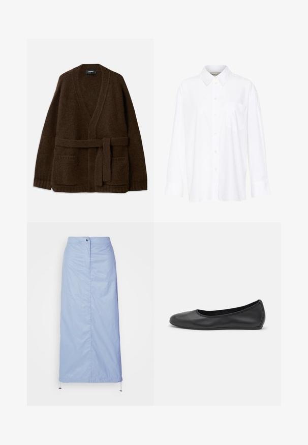 Ruda megzta kardiganas su V formos iškirpte, ilgomis rankovėmis, dviem priekinėmis kišenėmis ir derančia juosta ties juosmeniu. Tekstūruotas, minkštas audinys.; Balta ilgomis rankovėmis marškiniai su apykakle, pagaminti iš medvilnės. Su mygtukų užsegimu priekyje ir viena krūtinės kišenė. Lygus paviršius, laisvas siluetas.; Šviesiai mėlyna, vidutinio ilgio sijonas, pagamintas iš sklandžios, lengvos medžiagos su tiesiu kirpimu, turi priekinius mygtukus ir raištelį apatinėje dalyje.; Juodai odiniai baletai su apvaliu pirštu, lygi texture, minimalus siuvimo detales ir lanksčiu padų dizainu.