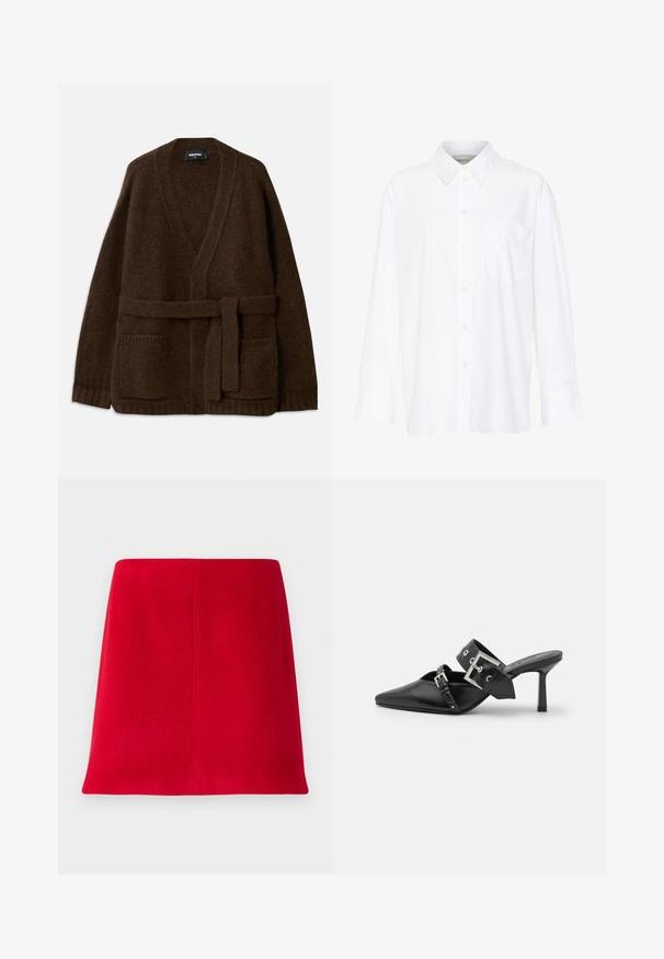 Cardigan en tricot marron avec un col en V, des manches longues, deux poches à l'avant et une ceinture assortie à la taille. Tissu texturé et doux.; Chemise blanche à manches longues avec col, en coton. Présente un devant à boutons et une poche poitrine unique. Texture lisse, coupe décontractée.; Mini-jupe rouge en tissu texturé avec une coupe droite. Le design présente un devant sans couture et des lignes épurées sans embellissements.; Mules noires à talons hauts avec un bout pointu, en cuir lisse. Dotées d'une large sangle à la cheville avec une boucle carrée en argent et des clous.