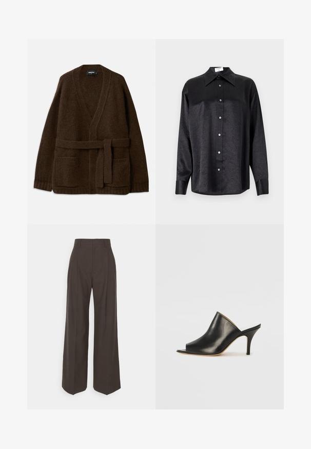 Brown knitted cardigan with a V-neck, long sleeves, two front pockets, and a matching belt at the waist. Textured, soft fabric.; Black long-sleeve shirt with a collared neckline, featuring a crinkled texture, full button front, and cuffs. Made from a smooth fabric.; Dark brown wide-leg trousers with a high waist, featuring neatly pressed creases, smooth texture, and a tailored fit.; Black leather open-toe mule with a sleek, curved design, high stiletto heel, and smooth texture. The interior features a contrasting light color.