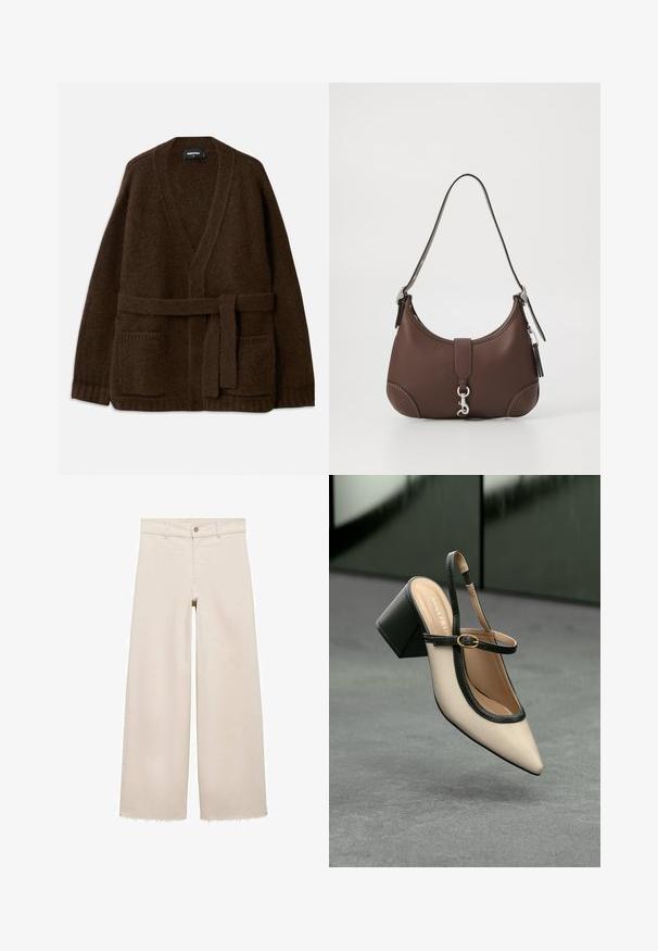 Hnedý pletený kardigán s výstrihom do V, dlhými rukávmi, dvoma prednými vreckami a zodpovedajúcim opaskom v páse. Štruktúrovaná, mäkká látka.; Biela blúzka s jedným ramienkom, na jednej strane s kvetinovým akcentom a dlhým, viazaným panelom v páse. Hladká textura.; Beige široké džínsy s vysokým pásom, s gombíkovým zapínaním, prednými vreckami a rozstrapkaným lemom. Vyrobené z denimu.; Béžová lodička so špicatou špičkou, s čiernym lemom, zlatou prackou a robustným blokovým podpätkom na šedom podlahe s tmavozeleným pozadím.; Hnedá kožená kabelka s zaobleným tvarom, striebornými kovovými doplnkami a dekoratívnym prešitím. Obsahuje ramenný popruh a uzáver na klip.