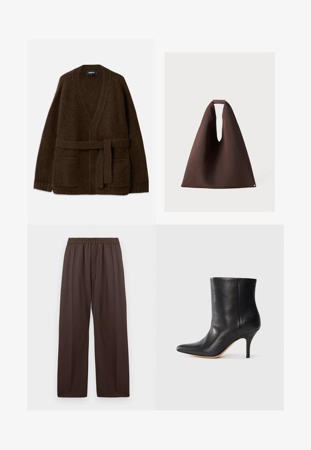 Bruine gebreide cardigan met V-hals, lange mouwen, twee voorzakken en een bijpassende riem in de taille. Gelaagd, zacht materiaal.; Zwarte t-shirt met korte mouwen voorzien van een franjes ontwerp over de borst. De franjes zijn gemaakt van gestructureerd materiaal, wat diepte toevoegt.; Bruine wijde broek met elastische tailleband en subtiele plooien aan de voorkant, plat weergegeven op een witte achtergrond.; Zwarte leren enkelboot met puntige neus, slanke stilettohak en een gladde textuur. Minimalistisch ontwerp zonder zichtbare hardware of accenten.; Bruine stoffen draagtas met een unieke vorm, met een brede opening, een gestructureerd oppervlak en een kleine ronde accent aan de basis.