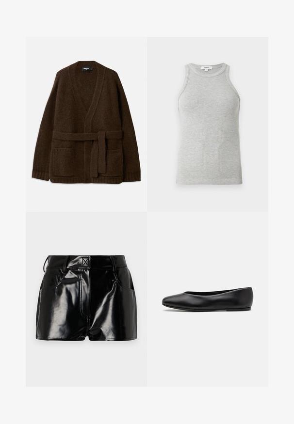 Brown knitted cardigan with a V-neck, long sleeves, two front pockets, and a matching belt at the waist. Textured, soft fabric.; Gray ribbed tank top with a fitted design, wide armholes, and a rounded neckline. Made from soft cotton fabric with a smooth texture.; Black, glossy shorts made of synthetic material. Features a fitted waist, belt loops, and front pockets with prominent stitching details.; Paul Smith TOPANGA - Ballet pumps - black