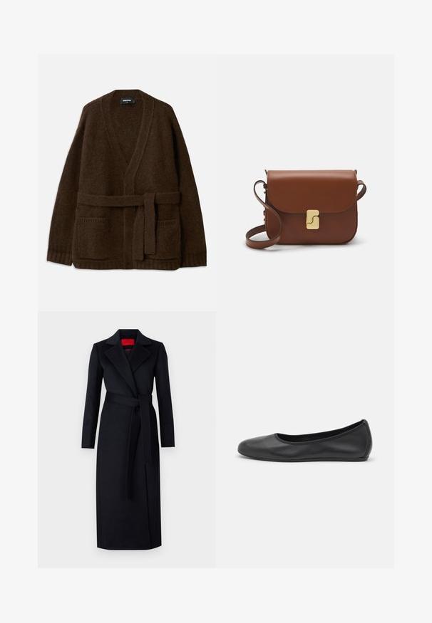 Barna kötött kardigán V-nyakkal, hosszú ujjakkal, két elülső zsebbel és derékra illő övvel. Texturált, puha anyag.; Fehér, rövid ujjú póló ribbed anyagból. Kerek nyakkivágás, normál szabás és diszkrét varrási részletek. Nincsenek minták vagy grafikák.; Fekete trench kabát hosszú ujjakkal, átkötős dizájnnal és hozzá illő övvel. Simfémből készült, hajtókás gallérral és oldalsó zsebekkel rendelkezik.; Fekete bőr balettcipő lekerekített orral, sima tekstúrával, minimális varrással és rugalmas talp kialakítással.; Barna bőr kézitáska, hajtókás zárással, arany színű fém kiegészítőkkel, vállpánttal és sima felülettel. Kompakt téglalap alakú.