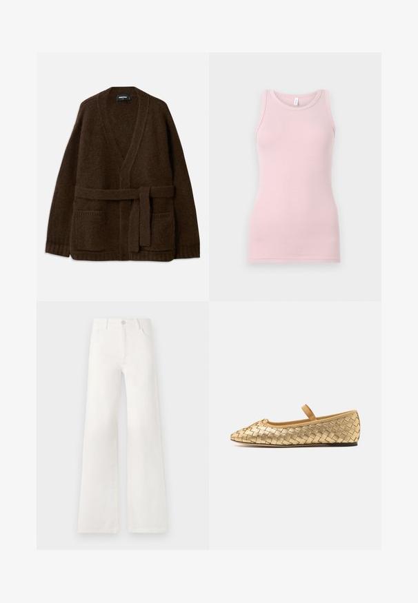 Brunstickad kofta med V-ringning, långa ärmar, två framfickor och ett matchande bälte i midjan. Texturerat, mjukt tyg.; Ljusrosa linne gjort av mjukt, stretchigt material. Har en rund halsringning och smala axelband, med en slät yta och åtsittande form.; Vita, högmidjade jeans med vida ben i denim. Har en knappstängning, två framfickor och sidsömmar med stickningsdetaljer.; Loeffler Randall LEONIE SOFT BALLET FLAT - Ballerinaskor med remmar - gold