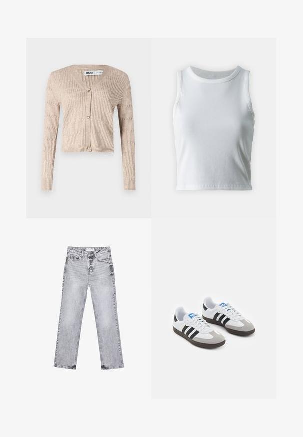Beżowy sweter dzianinowy z długimi rękawami, dekoltem w serek i złotymi guzikami w kształcie serca. Posiada prążkowaną fakturę i krótki krój.; Biała, prążkowana koszulka na ramiączkach z okrągłym dekoltem i bez rękawów, z prostym dołem i gładką, elastyczną teksturą.; Szare dżinsy o prostym kroju nogawki, z przetarciami, pięcioma kieszeniami i miedzianymi nitami. Pasek w talii posiada metkę z logo.; Buty sportowe z białą skórzaną cholewką, szarym zamszowym noskiem i trzema czarnymi paskami. Posiadają niebieskie logo na języku oraz teksturowaną gumową podeszwę.