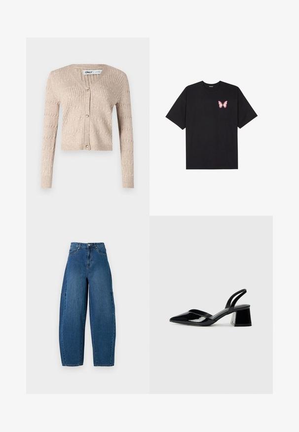 Beige kötött kardigán hosszú ujjakkal, V kivágással és szív alakú arany gombokkal. Ribbelt textúrával és croppolt dizájnnal rendelkezik.; Fekete pamut póló rövid ujjakkal, bal mellkason egy kis rózsaszín pillangó grafikával. Kerek nyakú kialakítás, laza fazonnal.; Közepes kék mosású farmernadrág, magas derékkal, széles lábszárral és hagyományos öt zsebes kialakítással, látható varrási részletekkel.; Fekete lakk bőr szandálkés magas sarkú cipő, hegyes orral és geometrikus tömbsarkakkal. Karcsú, minimalista dizájn és sima textúra jellemzi.