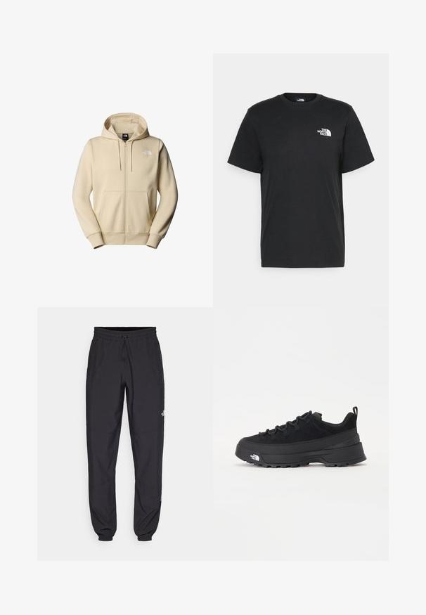 Crème-kleurige zip-up hoodie gemaakt van zachte stof. Heeft een capuchon met trekkoord, twee voorzakken en een klein wit logo op de linkerborst.; Zwarte katoenen T-shirt met korte mouwen, ronde hals en een klein wit logo op de linkerkant van de borst. Eenvoudig ontwerp, gladde textuur en een comfortabele pasvorm.; Zwarte sportieve broek gemaakt van lichtgewicht stof, met een trekkoord in de taille, zijzakken en taps toelopende boorden bij de enkels.; Zwarte outdoor sneaker met een suede bovenkant, een gestructureerde rubberen zool en een stevig vetersysteem. Heeft een versterkte hiel en een merklogo aan de zijkant.