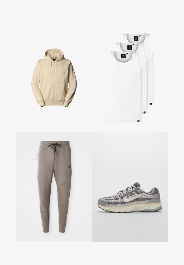 Felpa a zip color crema realizzata in tessuto morbido. Presenta un cappuccio con cordoncino, due tasche frontali e un piccolo logo bianco sul lato sinistro del petto.; Tre canotte bianche a coste in cotone. Presentano un colletto rotondo e piccole etichette nere vicino all'orlo. Disponibile in diverse taglie.; Pantaloni sportivi Nike grigi con cintura regolabile, gambe affusolate, tasche laterali e dettagli di cucitura distintivi. Tessuto morbido e texture.; Scarpa sportiva grigia con tomaia in mesh e suede, dettagli bianchi, suola ammortizzata e un design distintivo con elementi riflettenti.