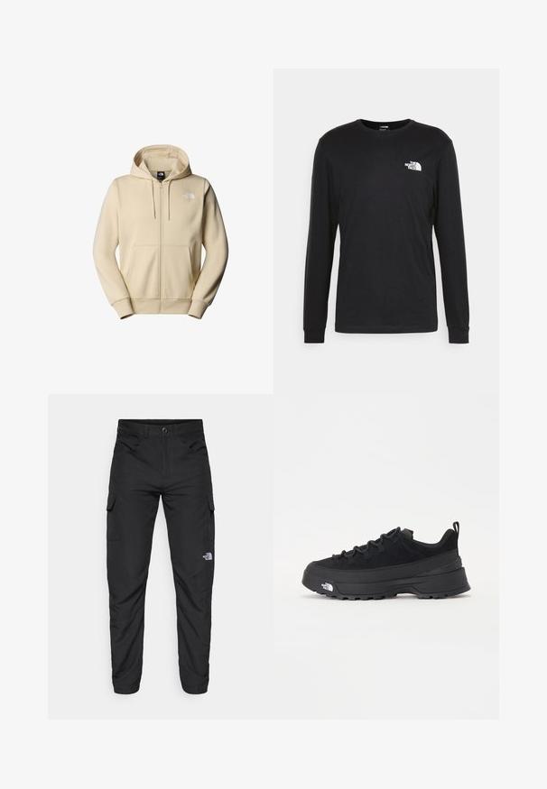 Veste à capuche zippée de couleur crème, fabriquée en tissu doux. Dotée d'une capuche avec cordon de serrage, de deux poches avant et d'un petit logo blanc sur la poitrine gauche.; T-shirt à manches longues noir en coton, avec un logo blanc sur la poitrine gauche et des poignets côtelés. Texture lisse avec un col rond.; The North Face HORIZON PANT - Pantalons outdoor - black; Baskets de plein air noires avec une tige en daim, semelle en caoutchouc texturé et un système de laçage robuste. Comprend un talon renforcé et un logo de la marque sur le côté.