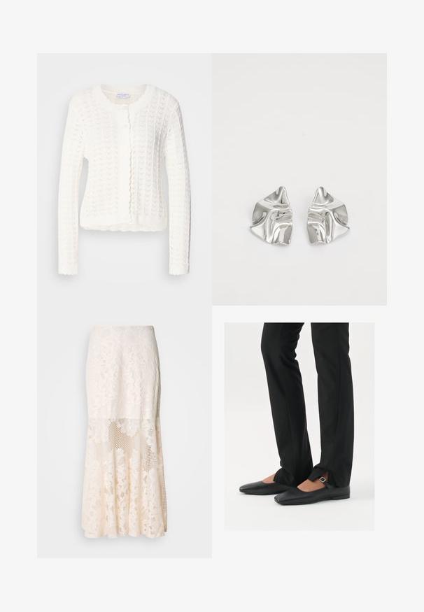 Witte gebreide cardigan met een gestructureerd patroon, ronde halslijn en golvende randen. Heeft vijf knopen aan de voorkant.; Zwarte tanktop gemaakt van zachte, rekbare stof. Heeft een ronde halslijn en brede schouderbanden, met een aansluitende snit en een gladde textuur.; Kruidige kanten midi-jurk in crème; heeft een gelaagd ontwerp met doorschijnende secties, gestructureerd kant en een uitlopende zoom.; Zwarte leren balletschoenen met een puntige neus, bandje met een zilveren gesp, gecombineerd met zwarte nauwsluitende broek met een zijsplit.; Zilveren metalen oorbellen met een golvend, sculpturaal ontwerp, voorzien van een gepolijste afwerking en onregelmatige vormen, die een hedendaagse esthetiek benadrukken.