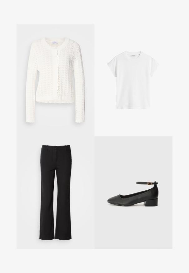 Bílý pletený kardigan s texturovaným vzorem, kulatým výstřihem a vlnitými okraji. Obsahuje pět knoflíků vpředu.; Bílý krátký rukávový tričko vyrobené z bavlny. Má volný střih s kulatým výstřihem a mírně posunutými ramenními švy. Bez vzorů nebo akcentů.; Černé kalhoty z bavlněné směsi se střihem rovného nohavice, se zapínáním na knoflík vpředu a dvěma bočními kapsami. Hladká textura, žádné viditelné vzory.; Černé kožené lodičky s špičatou špičkou a nízkým blokovým podpatkem. Obsahují pásek kolem kotníku se zlatou sponou. Hladký povrch.
