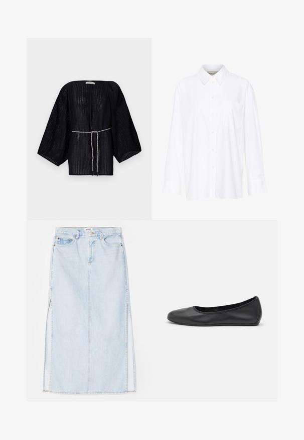 Juodas atviras kimono su plačiomis rankovėmis, pagamintas iš tekstūruotos medžiagos. Savybė - prisiūtas juosmens diržas su sidabriniu pintu raiščiu.; Balta ilgomis rankovėmis marškiniai su apykakle, pagaminti iš medvilnės. Su mygtukų užsegimu priekyje ir viena krūtinės kišenė. Lygus paviršius, laisvas siluetas.; Šviesiai mėlynas džinsinis maksi sijonas su tiesiu kirpimu, su šoninėmis išpjovomis ir penkių kišenių dizainu. Išryškintas siuvinėjimas ir metalinė sagtis.; Juodai odiniai baletai su apvaliu pirštu, lygi texture, minimalus siuvimo detales ir lanksčiu padų dizainu.