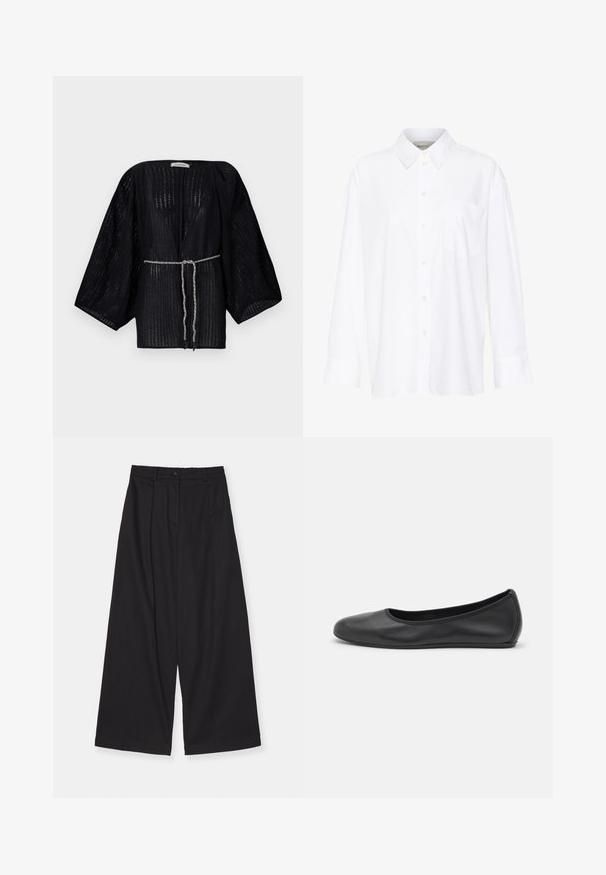 Schwarzer, offener Kimono mit weiten Ärmeln, aus strukturiertem Stoff gefertigt. Verfügt über eine taillierte Taille mit einem silbernen geflochtenen Band.; Weißes Langarmhemd mit Kragen aus Baumwolle. Verfügt über eine durchgehende Knopfleiste und eine Brusttasche. Glatte Textur, lockere Passform.; Schwarze weite Hosen aus einem glatten Stoff, mit hoher Taille, vorderen Falten, einem Knopfverschluss und einer geraden Silhouette.; Schwarze Leder-Ballettschuhe mit abgerundeter Spitze, glatter Textur, minimalen Nähdetails und einem flexiblen Sohlen-Design.