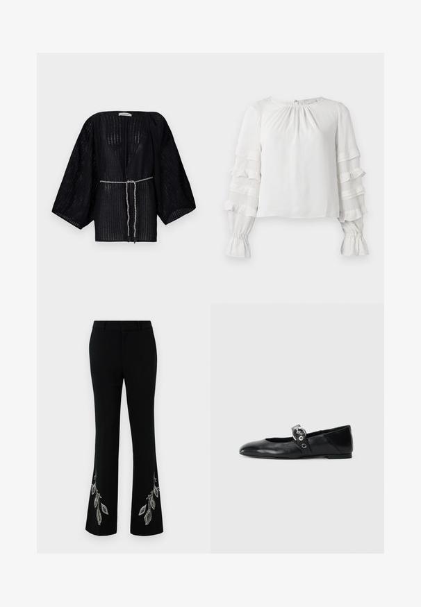 Zwarte, open-front kimono met brede mouwen, gemaakt van textuurstof. Heeft een toegestepte taille met een zilveren gevlochten strik.; Witte blouse met lange mouwen, volants aan de gelaagde mouwen, gathered manchetten en een lichte gather aan de ronde halslijn.; Zwarte uitlopende broek met geborduurde zilveren bladdesigns bij de zoom. Gemaakt van gladde stof met een gestructureerde tailleband en een slanke pasvorm.; Zwarte leren balletschoenen met een spitse neus, voorzien van een band met een ronde metalen gesp en een platte zool.
