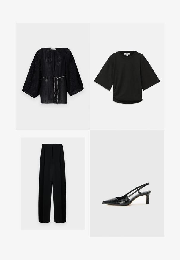 Černý kimono s otevřeným předním zapínáním a širokými rukávy, vyrobené z texturovaného materiálu. Má stažený pas se stříbrnou pletenou šňůrou.; Černé triko s krátkým rukávem vyrobené z měkké bavlny, s kulatým výstřihem a uvolněným střihem se jemným nařaseným detailem na boku.; Černé široké kalhoty s vysokým pasem, které mají sklady a hladký povrch. Tkanina vypadá lehce a krásně se splétá.; Černé lakované slingback podpatky s špičatou špičkou, zdobené texturovaným hadím vzorem, nastavovacím páskem a krátkým texturovaným blokovým podpatkem.