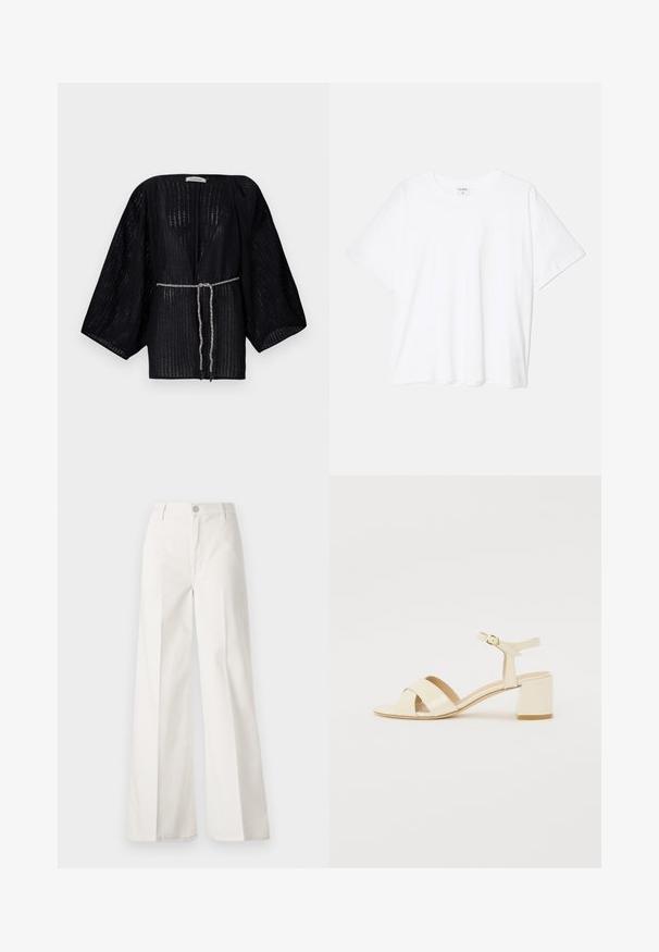 Schwarzer, offener Kimono mit weiten Ärmeln, aus strukturiertem Stoff gefertigt. Verfügt über eine taillierte Taille mit einem silbernen geflochtenen Band.; Weißes Baumwoll-T-Shirt mit kurzen Ärmeln, runder Halslinie, lockerer Passform und genähtem Saum. Etikett sichtbar am inneren Kragen.; Weiße weite Hosen aus Baumwolle mit glatter Textur. Sie verfügen über einen vorderen Knopf, einen Reißverschluss und ein Design mit vier Taschen.; Beige lackleder Absatzsandalen mit Kreuzriemen-Design, offener Zehenbereich, verstellbare Knöchellasche und Blockabsatz. Glatte Textur.