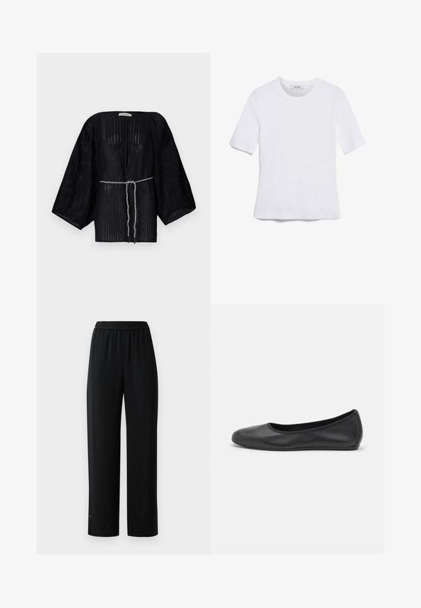 Kimono noir à l'avant ouvert avec de larges manches, fabriqué à partir d'un tissu texturé. Présente une taille cintrée avec un lien tressé argenté.; T-shirt blanc à manches courtes en tissu côtelé. Col rond, coupe régulière et détails de couture subtils. Aucune motif ni graphique.; Pantalons larges noirs en tissu lisse avec une taille élastique. Présentent une coupe droite et un minimum de détails. Conviennent pour un usage décontracté.; Ballerines en cuir noir avec un bout rond, texture lisse, détails de couture minimalistes et design de semelle flexible.