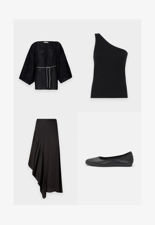 Fekete, nyitott elülső kötény, széles ujjakkal, texturált anyagból készült. Kiemelt derékkal rendelkezik ezüstös fonott kötéssel.; Egyszerű, fekete, bordázott, egyvállas ujjatlan felső, testhez simuló fazonnal és puha textúrával. Tiszta, minimalista szabás és sima nyakkivágás jellemzi.; AERON ASTER SKIRT - Ceruzaszoknya - black; Fekete bőr balettcipő lekerekített orral, sima tekstúrával, minimális varrással és rugalmas talp kialakítással.