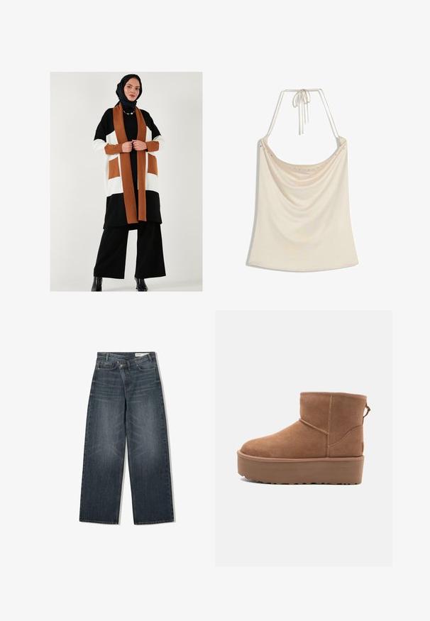 Černý, bílý a hnědý kardigan s barevným blokem, kapsami, dlouhými rukávy a otevřeným předním dílem; nošený přes černý outfit a doplněný černými botami.; Béžový halter top s přehozem v přední části, který má hladkou texturu a malé kovové detaily podél výstřihu. Zavazuje se na zádech.; Tmavě modré džíny s širokými nohavicemi, vysokým pasem, pěti kapsami a decentním omykáním vpředu.; Hnědé semišové kotníkové boty s platformou, zaoblenou špičkou a prošíváním; mají poutko vzadu pro snadné obouvání.