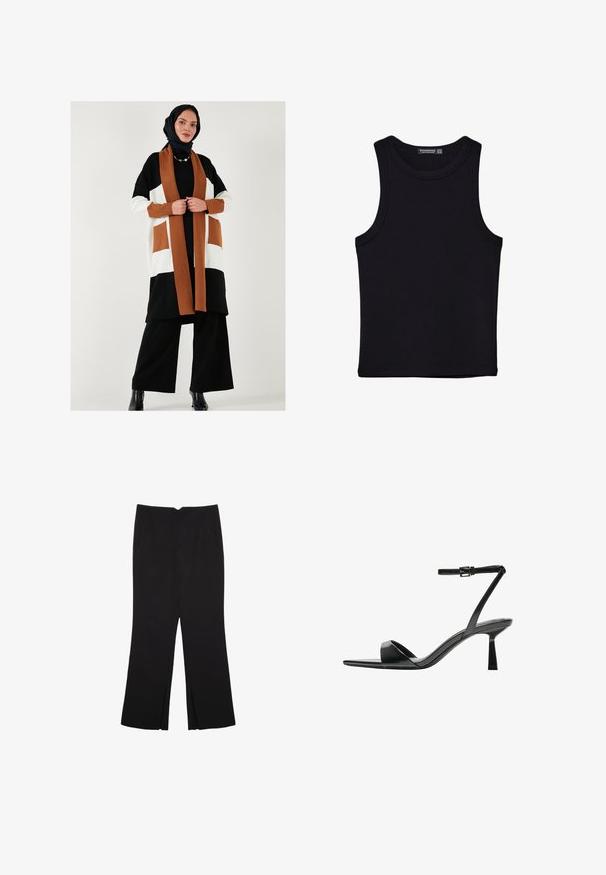Črno, belo in rjavo blokirano jopico s žepi, dolgimi rokavi in odprtim sprednjim delom; nošena čez črno oblačilo in v paru s črnimi škornji.; Črna majica brez rokavov iz bombaža, z okroglim izrezom in širokimi odprtinami za roke. Gladka tekstura s šivi na robovih. Klasičen, minimalističen dizajn.; Črne hlače ravnega kroja z naglavnimi žepi in stranskimi razporki na robu. Narejene iz mehke, gladke tkanine. Primerne za različne priložnosti.; Bershka Sandali z visoko peto - black