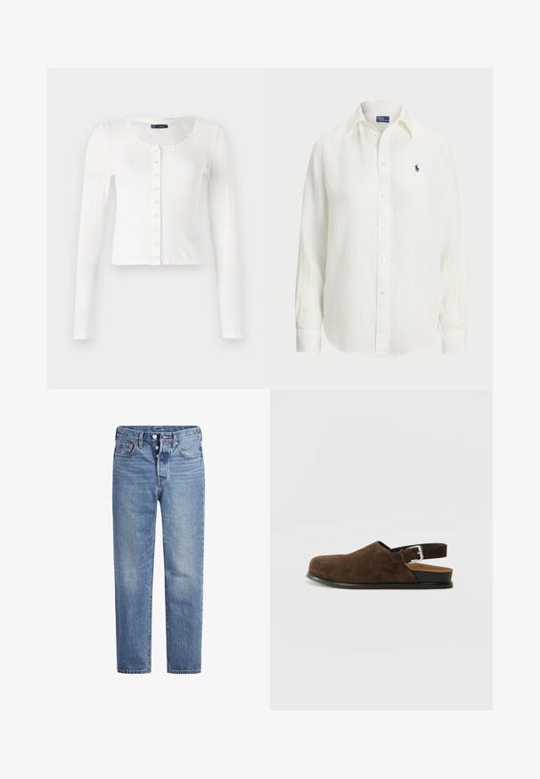 Fehér, hosszú ujjú kardigán bordázott textúrával, kerek nyakkal és díszítő szegéllyel. Az elején egy sor kicsi gomb található.; Fehér vászon ing hosszú ujjakkal, gombos gallérral és elöl gombokkal. A mellkason egy kicsi, kék hímzett logó található.; Világoskék farmernadrág egyenes szabással, öt zsebes dizájnnal és gombos nyereggel. Finom kopásokkal és narancssárga varrási részletekkel rendelkezik.; Barna szarvasbőr slip-on cipő alacsony sarokkal, állítható pánttal ezüst csattal és fekete gumitalppal.