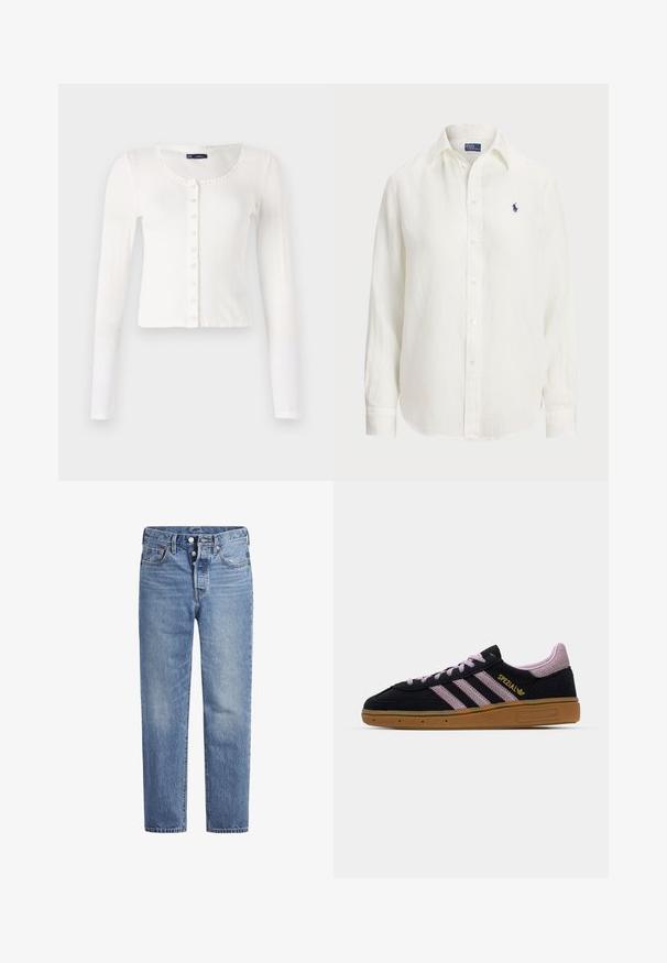 Cárdigan blanco de manga larga con textura acanalada, escote redondo y adornos decorativos. Presenta una fila de pequeños botones en la parte delantera.; Camisa de lino blanca con mangas largas, cuello tipo button-down y botones en la parte frontal. Presenta un pequeño logotipo bordado en azul en el pecho.; Jeans de mezclilla azul claros con corte recto, diseño de cinco bolsillos y cierre de botón. Presentan un ligero desvanecimiento y acentos de costura en naranja.; Zapatilla de ante negra y rosa con suela de goma, tres rayas rosas, branding dorado "SPEZIAL" y suela de goma texturizada. Diseño de corte bajo.