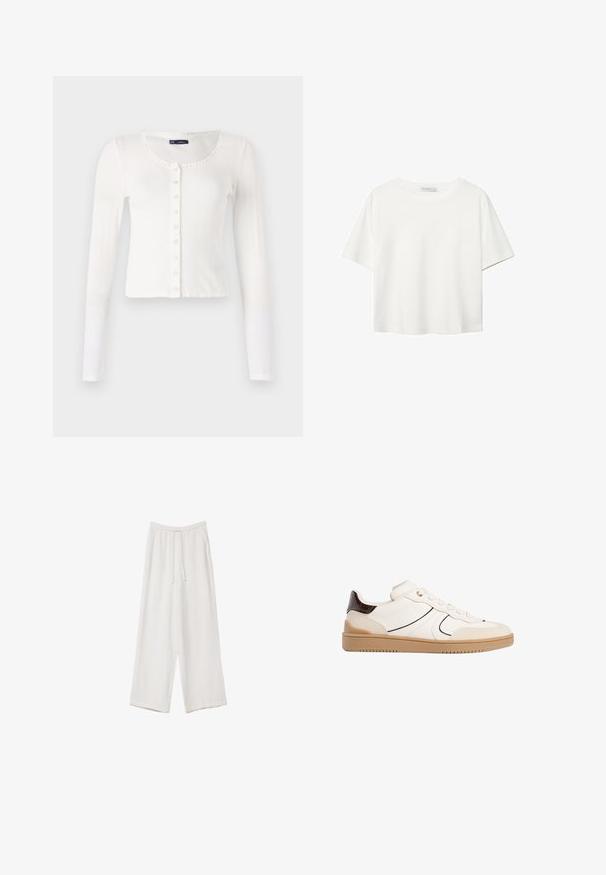 Cardigan bianco a maniche lunghe con texture a coste, scollo rotondo e rifiniture decorative. Presenta una fila di piccoli bottoni sulla parte frontale.; T-shirt bianco a maniche corte realizzato in cotone. Presenta un collo tondo e una vestibilità rilassata. Texture liscia senza motivi o dettagli visibili.; Pantaloni a gamba larga bianchi realizzati in un tessuto leggero. Presentano una vita elastica con cordoncino e tasche laterali. Texture liscia.; Stradivarius Sneakers basse - white