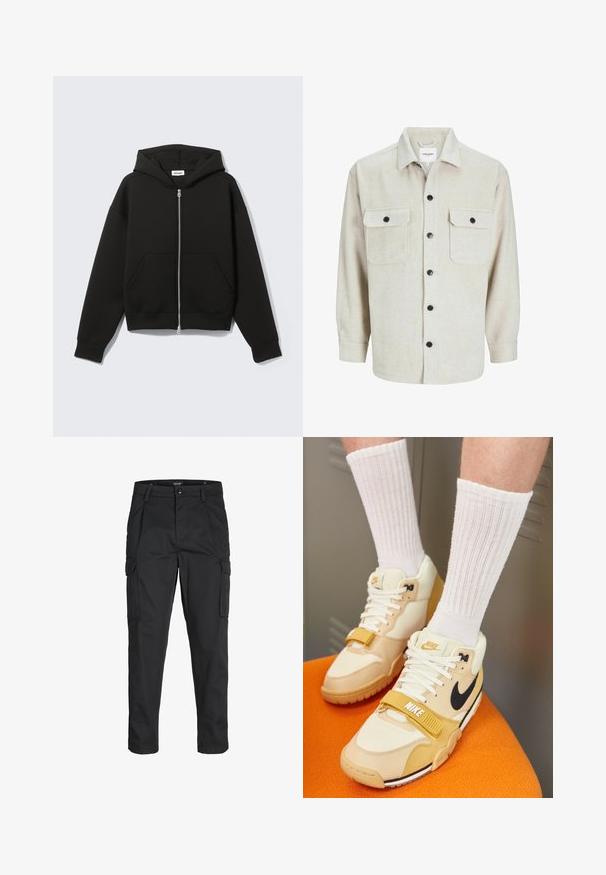 Hanorac negru cu fermoar, buzunar tip cangur, croială oversized, material moale și glugă cu șnur. Dispune de un fermoar rezistent și manșete ribbed.; Cămașă din flanel bej cu guler, având două buzunare pe piept, nasturi negri și mâneci lungi cu manșete cu nasturi.; Pantaloni cargo negri dintr-un material rezistent, cu multiple buzunare, închidere cu nasture și un design slim fit cu picioare conice.; Pantofi sport Nike din piele bej și crem, cu un swoosh negru, șireturi albe, o curea cu arici și o talpă din cauciuc texturată.