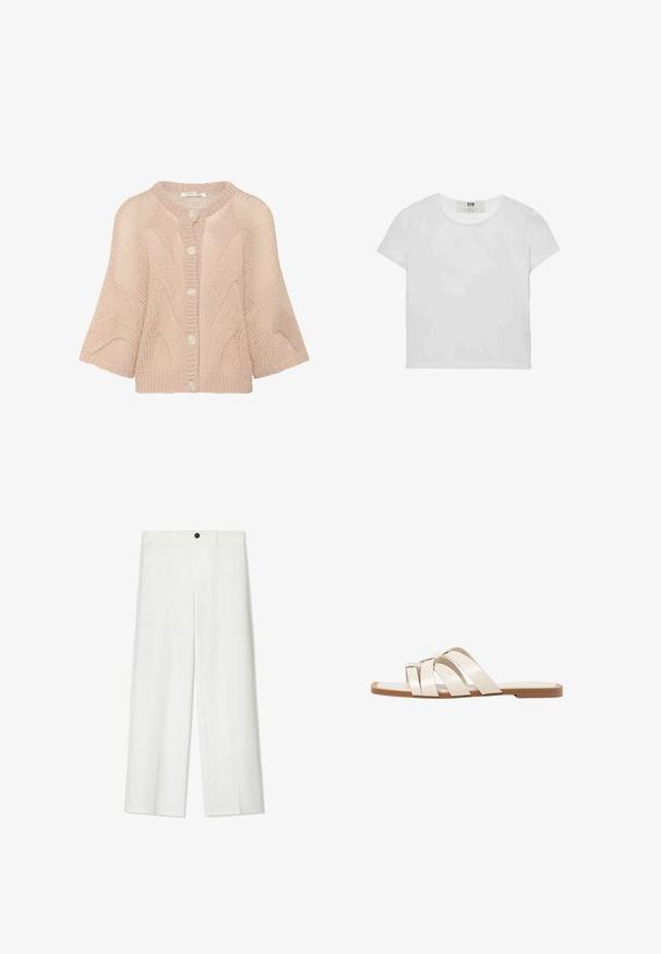 Mikina s pleteným vzorom v jemnej ružovej farbe, s okrúhlym výstrihom, skrátenými rukávmi a piatimi veľkými gombíkmi na prednej strane. Hladká ľahká látka.; Biele tričko s krátkym rukávom a okrúhlym výstrihom, vyrobené z mäkkého bavlneného materiálu, s jednoduchým a čistým dizajnom bez viditeľných vzorov alebo doplnkov.; Biele široké nohavice s hladkou textúrou, so zapínaním na prednej strane a pútkami na opasok, navrhnuté pre voľný strih.; Ploché sandále s hnedou gumovou podrážkou, navrhnuté s tromi prekrývajúcimi sa bielymi koženými popruhmi a malou mašličkou uprostred.
