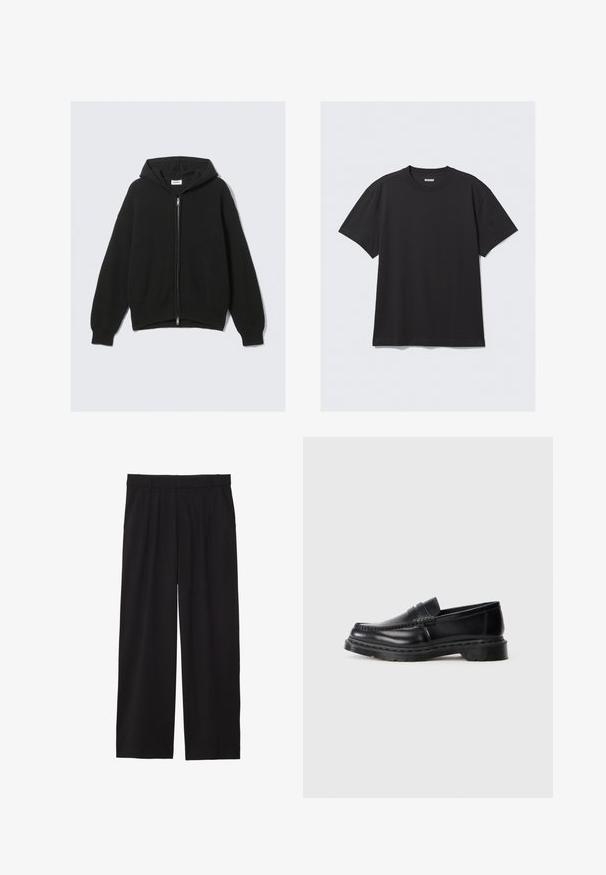 Fekete cipzáras kapucnis pulóver texturált anyagból, húzózsinóros kapucnival, bordázott mandzsettákkal és szegéllyel. Egyszerű, túlméretezett fazon.; Fekete, rövid ujjú póló, pamutból készült. Kerek nyakkivágással és laza szabással rendelkezik. Egyszerű dizájn, melyen nincsenek minták vagy díszítések.; Fekete, bőszárú nadrág, pliszírozott elülső résszel, oldalsó zsebekkel és sima szövettextúrával. Lazább, kényelmes szabású.; Férfi fekete bőr penny loafer, vastag talppal és mokkaszíj varrással, profilból bemutatva fehér háttéren.