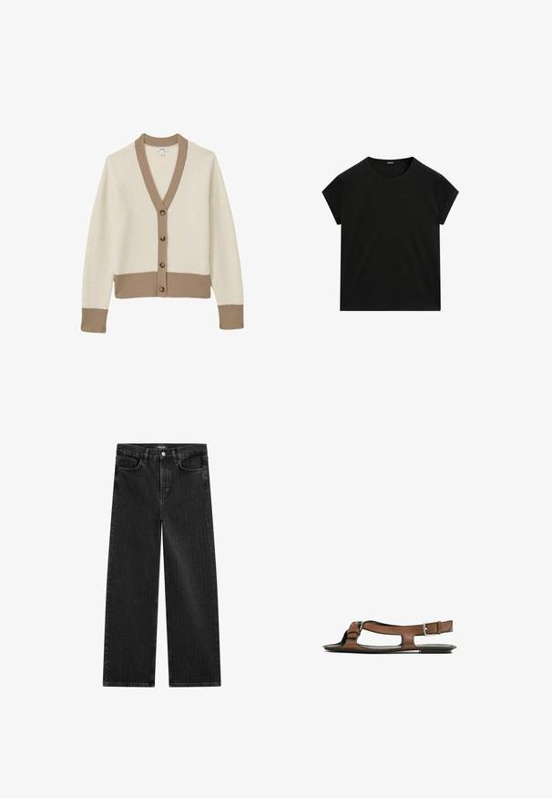 Cremfarbener Cardigan mit beigen Rippakzenten, V-Ausschnitt und sechs braunen Knöpfen auf der Vorderseite. Weiche Textur, Raglanärmel und taillierter Saum.; Schwarzes kurzärmeliges T-Shirt mit Rundhalsausschnitt und geradem Saum, flach auf einem weißen Hintergrund präsentiert.; Weite schwarze Denim-Jeans mit feinem vertikalen Streifenmuster, ausgestattet mit einem Fünf-Taschen-Design und einem klassischen Knopfverschluss an der Taille.; Braune Leder-Sandale mit offener Zehenpartie und seitlichen Ausschnitten. Sie verfügt über einen Knöchelriemen mit einer metallischen Schnalle und eine flache Sohle.