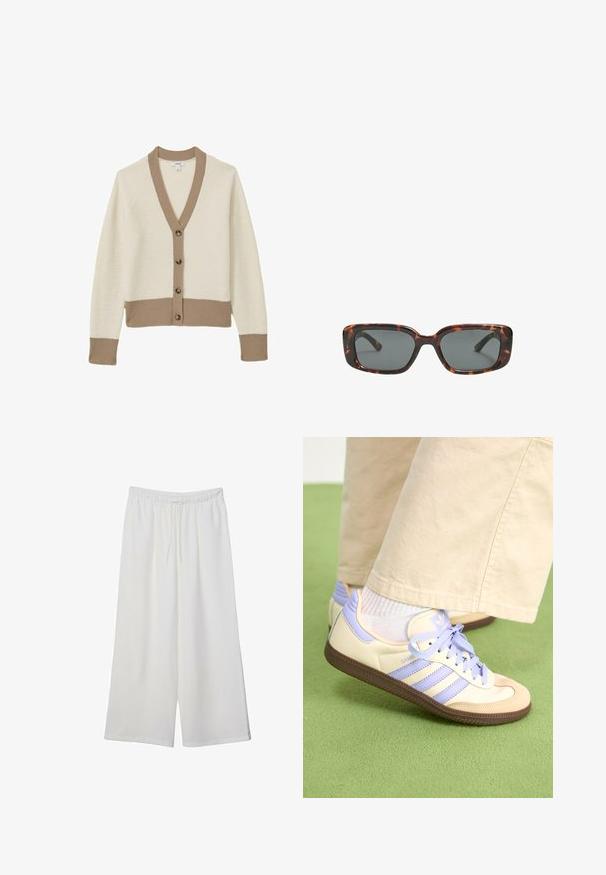 Creme cardigan med beige ribbede detaljer, v-udskæring, og seks brune knapper foran. Blød tekstur, raglanærmer og tætsiddende kant.; Lys beige kortærmet t-shirt med rund halsudskæring, lavet af blødt, glat stof. Har en afslappet pasform og lige forneden.; Hvide vidde bukser lavet af letvægtsstof, med en elastisk talje og snøre for justerbar pasform. Glat tekstur.; Creme og lavendel sneakers med tre striber og en tekstureret brun sål, der har snørebånd og en polstret hæl. Blødt stof øvre.; Skildpaddedesolbriller med rektangulære linser, tykke stel og mørkt tonede linser. Glat tekstur og minimalistisk design.