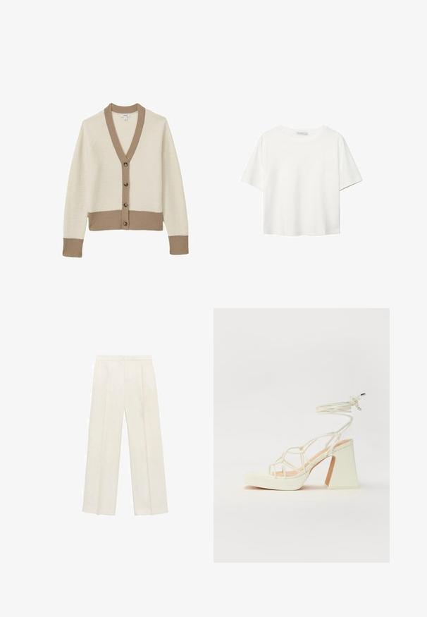 Kermakirjoitettu neuletakki vaaleanruskeilla raidoilla, V-pääntie ja kuusi ruskeaa nappia edessä. Pehmeä rakenne, raglan hihat ja istuva helma.; Valkoinen lyhythihainen T-paita, joka on tehty puuvillasta. Siinä on pyöreä kaula-aukko ja rento malli. Silkkinen pinta ilman näkyviä kuvioita tai koristeita.; Valkoiset leveälahkeiset housut vaaleassa kermassa. Valmistettu sileästä kankaasta, jossa on laskokset edessä ja sivutaskut.; Valkoinen korkokenkä, jossa on paksu korko, ja joka sisältää nauhakiinnityksen ja nilkkaketjun. Sujuva pinta, jossa on platform-etupohja lisäkorkeutta varten.