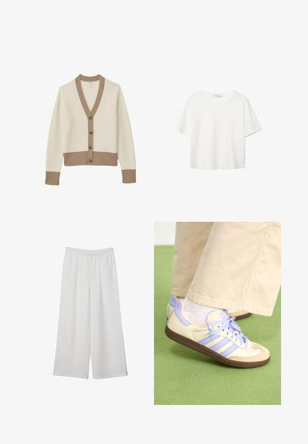 Cardigan crème avec des accents côtelés beiges, col en V et six boutons marron à l'avant. Texture douce, manches raglan et ourlet ajusté.; T-shirt blanc à manches courtes en coton. Doté d'un col ras du cou et d'une coupe décontractée. Texture lisse sans motifs ni accents visibles.; Pantalons larges blancs en tissu léger, avec une taille élastique et un cordon de serrage pour un ajustement réglable. Texture lisse.; Baskets crème et lavande avec trois bandes et une semelle marron texturée, dotées de lacets et d'un talon rembourré. Tige en tissu doux.